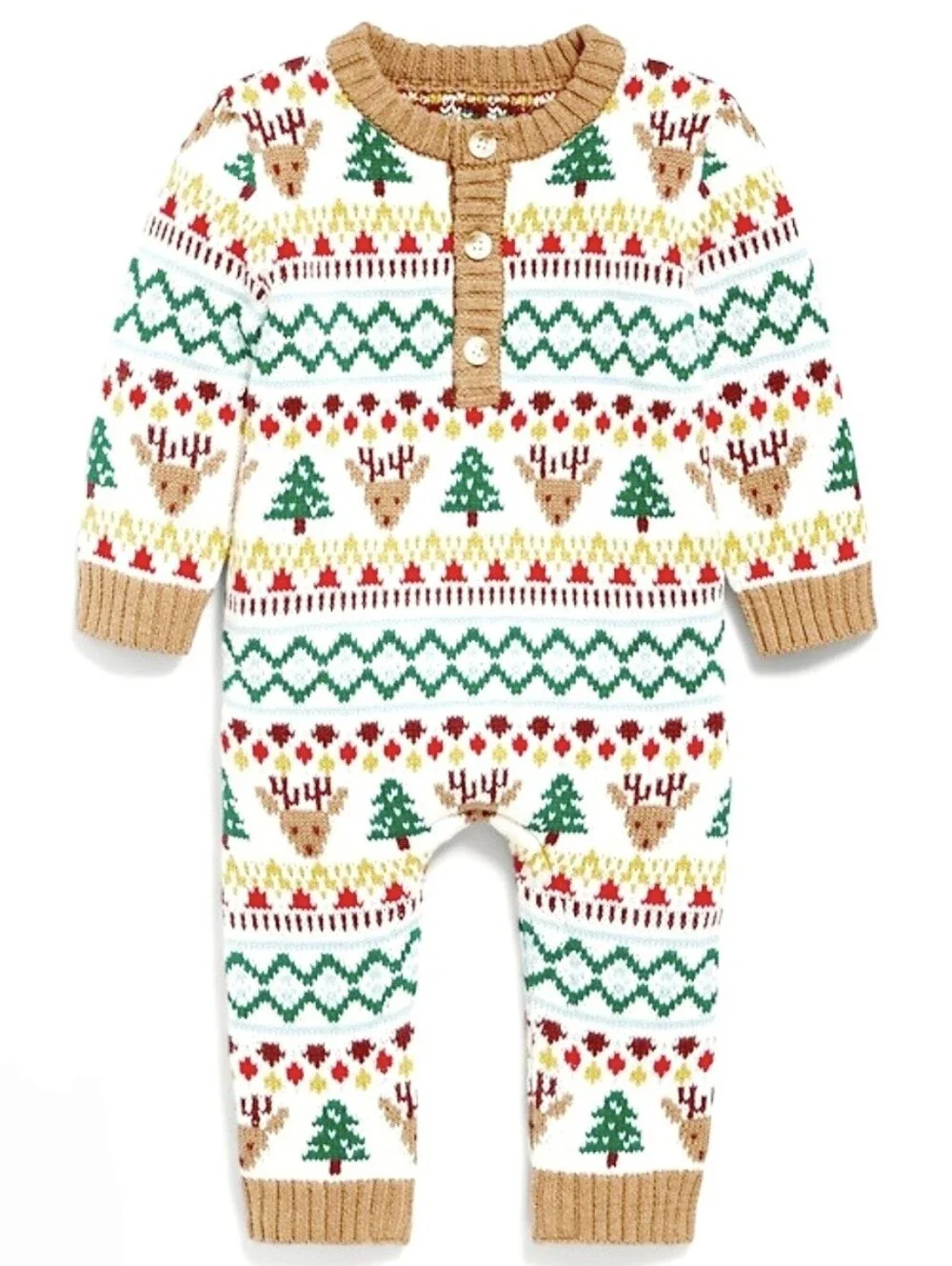 Old Navy Holiday Fair Isle Knit 100 % Cotton  One Piece  Cream Green Tan 6-12Mos
